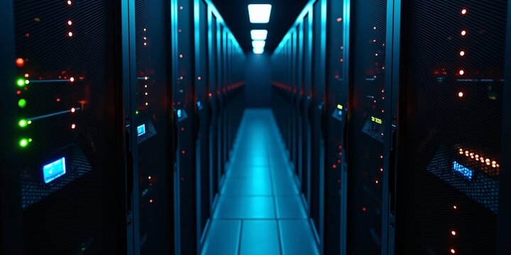 A Data Center Server Room featuring rows of black server racks with LED lights blinking in blue, green, and red