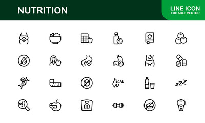 Nutrition Icon Set Featuring Modern, Clean, and Versatile Designs Perfect for Health, Wellness, and Food Projects