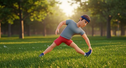 Cartoon Man Stretching in a Lush Green Park During Golden Hour Sunlight