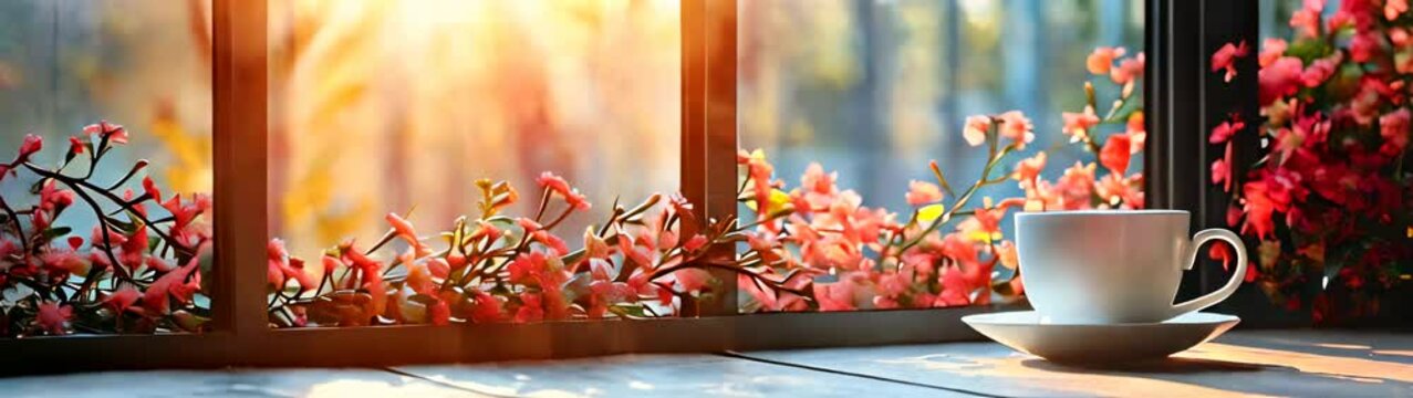 Cup of coffee sitting on a table by a window banner copy space