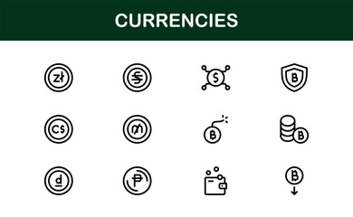 Currency Icon Set with Modern Vector Designs for Finance Apps Banking Money Trade Investment Digital Economy Minimalist Style Icons for Commercial Use