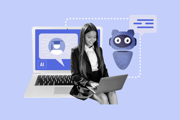 Creative 3D photo collage trend artwork template of ai homework digital classwork pupil learn young girl sit laptop type bot help message