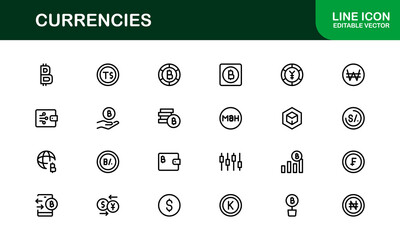 Currency Icon Set with Modern Vector Designs for Finance Apps Banking Money Trade Investment Digital Economy Minimalist Style Icons for Commercial Use
