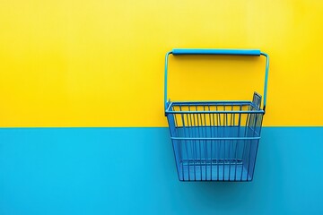 A shopping basket on a blue and yellow background, a minimalist conceptual photograph