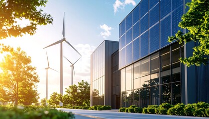Green energy building with wind turbines.