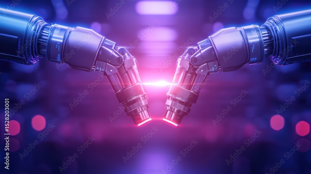 Poster futuristic interconnected robotic hands creating energy beam in neon lit environment