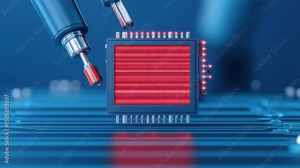 Poster close-up view of electronic components with a focus on a microchip and precision tools for circuit d