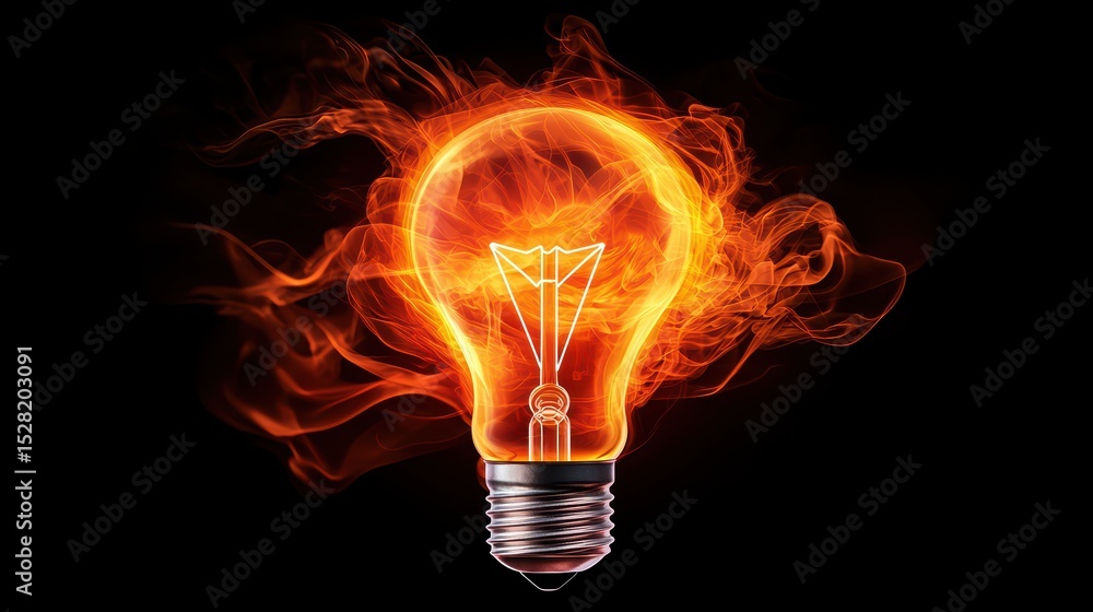 Poster bright and fiery light bulb illuminated with flames and smoke on a black background for dynamic visu