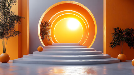 Abstract Architectural Staircase with Orange and Gray Tones and Sunlit Archway