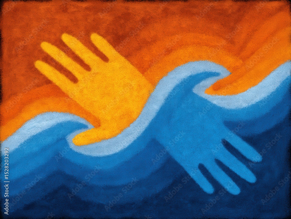 Poster creative representation of hands intertwined with waves symbolizing unity and collaboration in a col