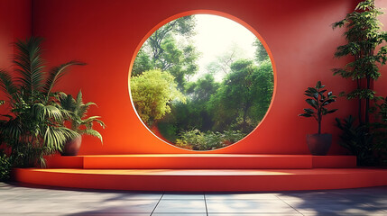 Serene Minimalist Oasis Red Architectural Design with Lush Greenery and Circular Window