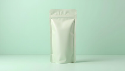 Pale green stand-up pouch mockup. Soft, calming color ideal for organic, natural, or eco-friendly product packaging. Clean and fresh design for various goods.
