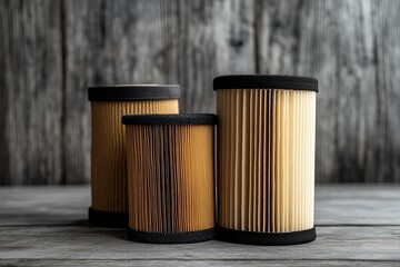 A set of car air filters and Liguidar filters on a wooden table.