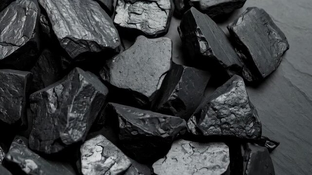 Close-up showing Pile of anthracite coal on dark stone surface, showcasing the texture and formation of the mineral deposits