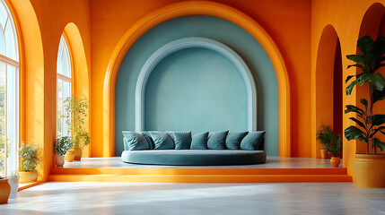 Serene Round Sofa in Vibrant Orange and Teal Room Interior