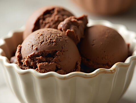 Rich scoops of chocolate ice cream fill a textured bowl, perfect for a sweet treat.