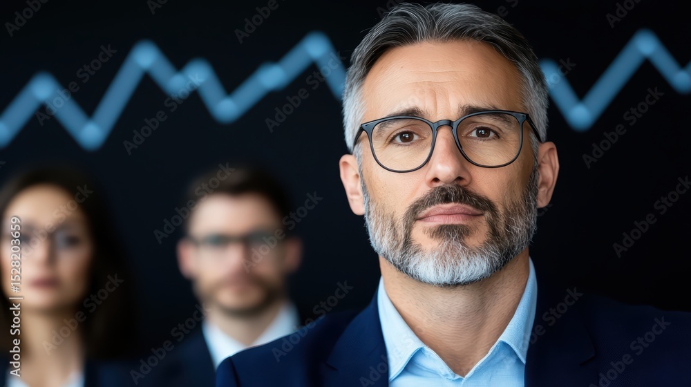 Poster confident business man in suit with graph background and team members blurred in office environment