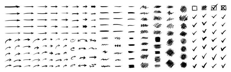Hand drawn doodle design elements. Arrow, check mark, underline.