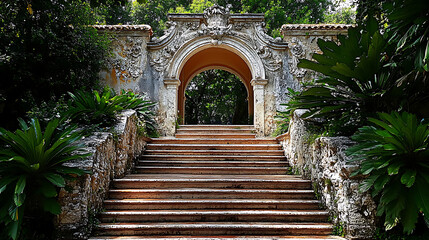 Stone Staircase Leading to Archway in Lush Garden