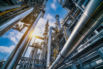 Fototapeta premium Expansive view of a modern oil refinery under a brilliant blue sky showcasing intricate steel structures