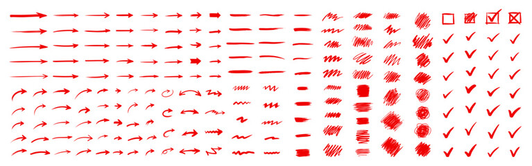 Hand drawn doodle design elements. Arrow, check mark, underline.