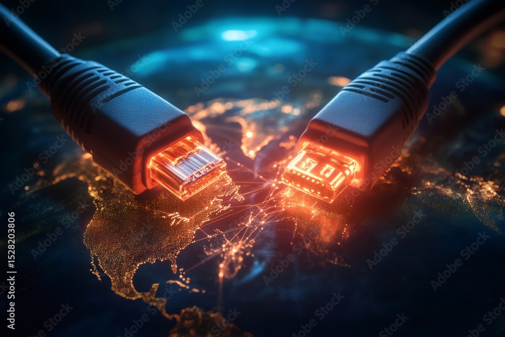 Poster two cables glowing over a world map are connecting, symbolizing global data transmission and network