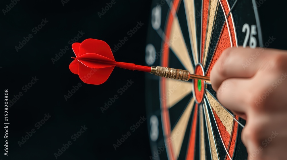 Poster precision and focus in dart game as a hand aims at the bullseye on a target board in a competitive s