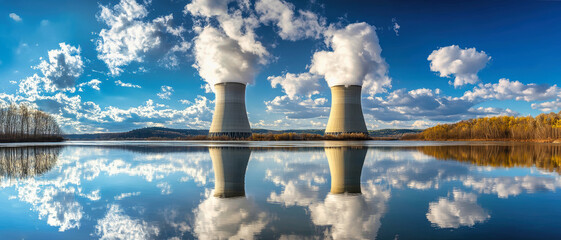 Naklejka premium Majestic nuclear power plant towers reflecting in the tranquil river under a beautiful blue sky