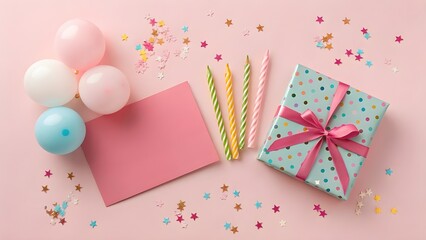 Birthday Gift Box with Balloons and Confetti on Light Pink Background 
