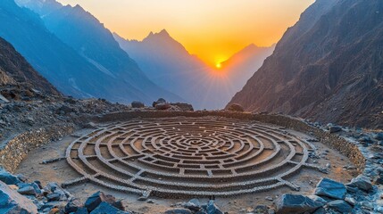 Ancient stone maze situated in a mountainous valley at sunrise.