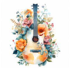 Watercolor Guitar Among The Love Of Flowers, clipart Illustration, Generative Ai