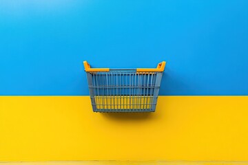 A shopping basket on a blue and yellow background, a minimalist conceptual photograph