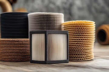 A set of car air filters and Liguidar filters on a wooden table.