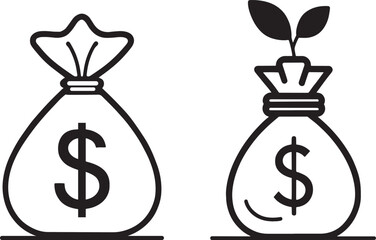 Investment Growth: Money Bag with Sprout, Simple black and white illustration of two money bags.