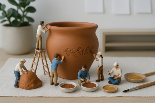 Miniature figures sculpt and decorate a clay pot in a detailed workshop scene - Powered by Adobe