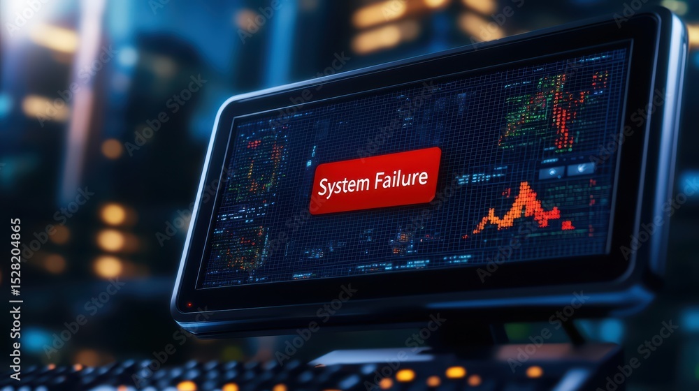 Poster computer screen displaying system failure alert with data charts in modern office setting at night