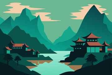 Fototapeta premium Vector illustration of a majestic castle on a misty mountain peak, overlooking a serene landscape at sunrise