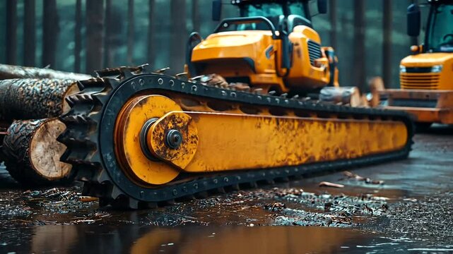 Close-up of a yellow tracked vehicle on a forest floor, with logs in the background during logging