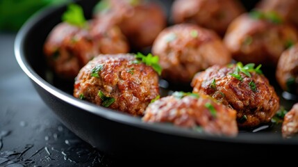 A close-up of appetizing meatballs sizzling in a frying pan, garnished with herbs and showcasing the rich brown color and texture that tantalizes the taste buds.