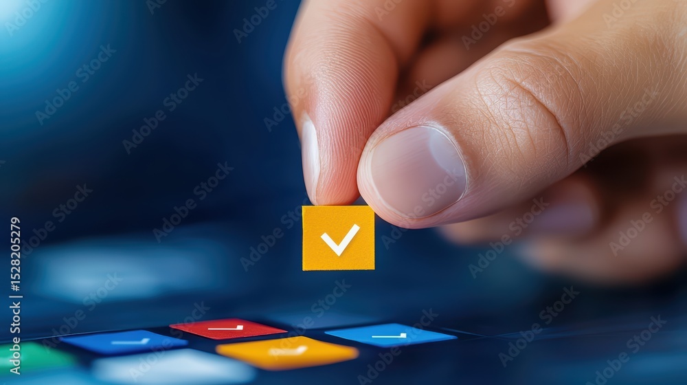Poster hand holding yellow square icon with check mark symbol above colorful app buttons on digital screen