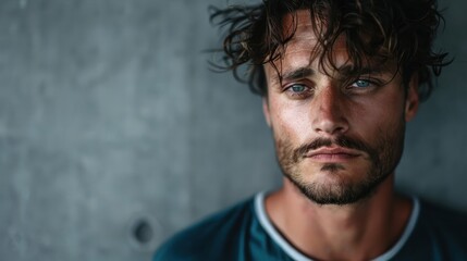 Obraz premium A striking portrait of a young man with curly hair and mesmerizing blue eyes, conveying deep thoughts and emotions against a minimalist concrete background. Capturing raw human essence.
