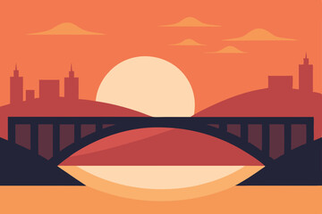 Obraz premium Desert city skyline with a bridge over water at sunset, a tranquil nature illustration