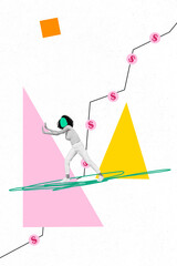 3d sketch poster art trend collage image of anonym businesswoman stand graph development statistics dollar penny income progress