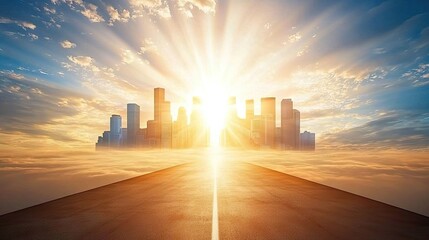 City on a cloud, illuminated by a bright sunrise.