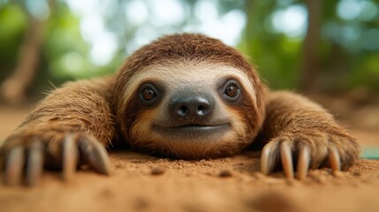 Obraz premium An adorable close-up of a smiling sloth lying on the ground, blending into its lush green environment, radiating charm and tranquility, like a gentle reminder to slow down and enjoy life.