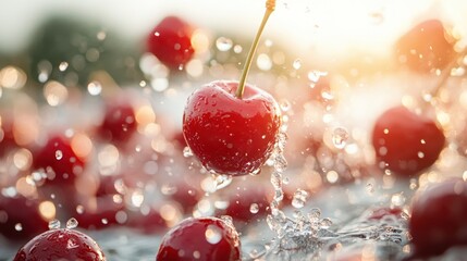 A vibrant image of fresh red cherries splashing in water, showcasing their juicy texture and bright color as droplets dance around, evoking a sense of freshness and vitality.