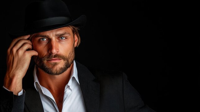 A handsome man wearing a black hat and suit poses confidently, exuding an air of mystery and charm that captivates the viewer.