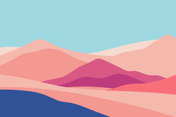 Vector illustration of mountain landscape with fog, sunrise, and blue sky