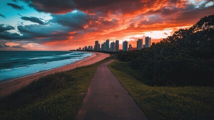 Coastal city skyline at sunset, viewed from a pathway.