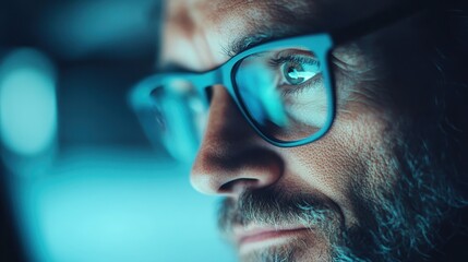 A close-up shot of an introspective man with glasses deeply engaged in technology, showcasing concentration and curiosity in a visually compelling and artistic manner.